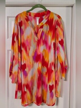 Dear Scarlett, Pink Red Orange Brushstroke V-Neck Tunic, 3X